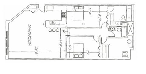 Floor plan for 2 beds, 2 baths, 1316 sqft